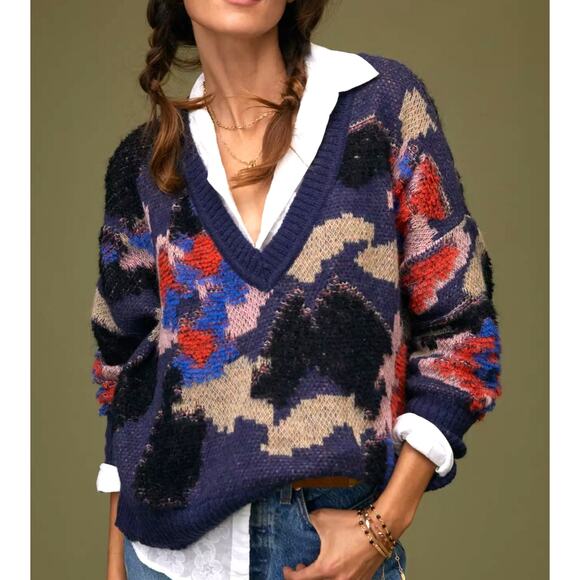 Anthropologie Maeve V-Neck Floral Sweater Distressed Boxy Oversized Knit Small - Picture 1 of 12